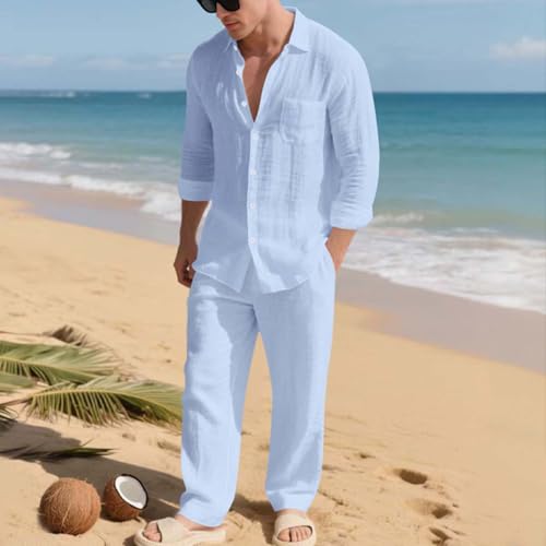 Cambkatl Men's Linen Beach Travel Outfits Long Sleeve Casual Button Down Shirt Matching 2 Piece Tracksuit Sets with Pockets