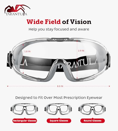 Tarantula ANSI Z87.1+ Safety Goggles Over Glasses, Anti-Fog & Anti-Scratch, Adjustable Strap, Lab Eye Protection, Woodworking