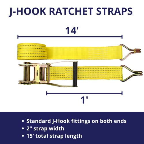 Ratchet Tie Down Straps, 2 in x 15 ft, 5,000 lb Breaking Strength, J-Hook, 6-Pack