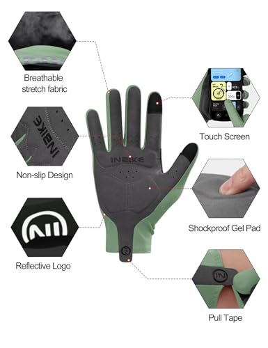 INBIKE Breathable Bike Gloves for Men Women, Full Finger Pad Cycling Gloves, Touchscreen Reflective Mountain Biking Bicycle