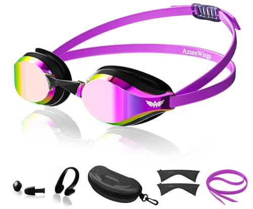 AzureWings Swim Goggles for Men Women – No Leak Anti-Fog UV HD Wide Vision, Racing & Swimming Goggles Black-Electroplate