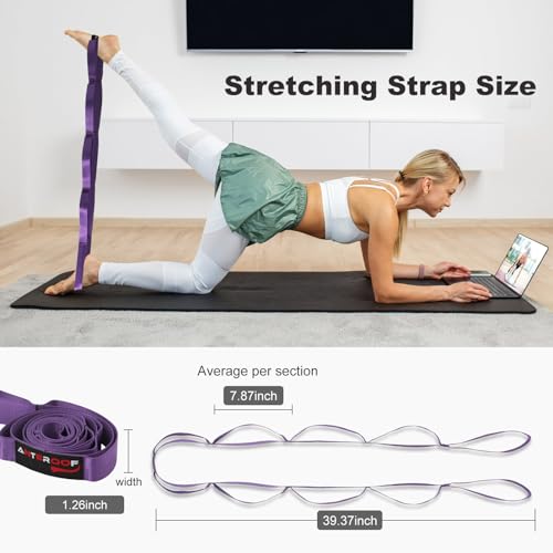 Durable Non-Elastic Stretch Strap for Physical Therapy and Yoga, 10 Loops Stretching Band for Pilates, Flexibility, Exerci...