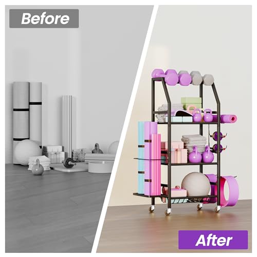 Homeiju Dumbbell Rack, Weight Rack for Home Gym, Yoga Mat Storage Holder with Lockable Wheels, Dumbbell Stand with Hooks, ...