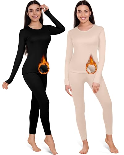 Patelai 2 Set Thermal Underwear Warm Fleece Lined Thermal Leggings and Womens Thermal Tops Base Layer for Winter Cold Weather