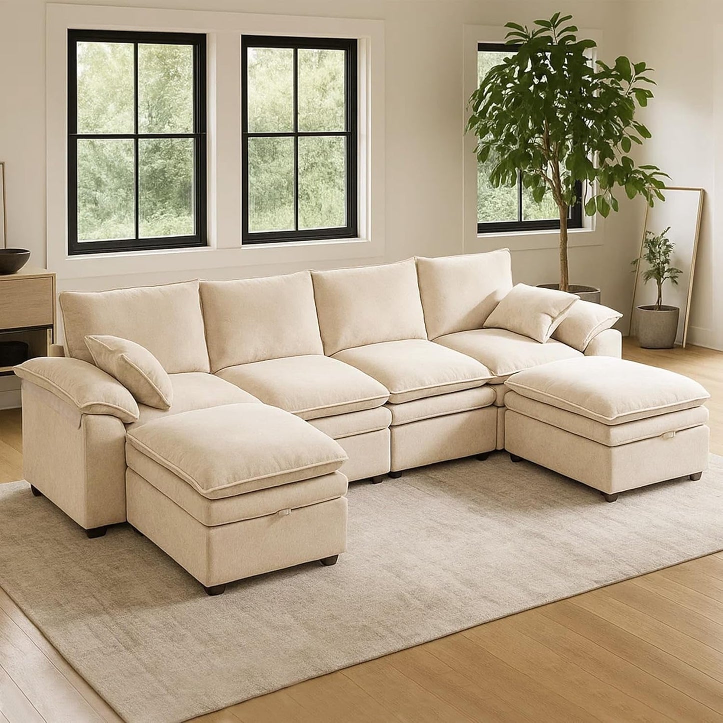 Large U-Shaped Sectional Couch Set - 6/7/8 Seater Oversized Cloud Sofa for Living Room, Big Comfy Chenille Fabric Couches, Extra Long Modular Sofa Bed Furniture (Beige, 6-Seater Sofa)