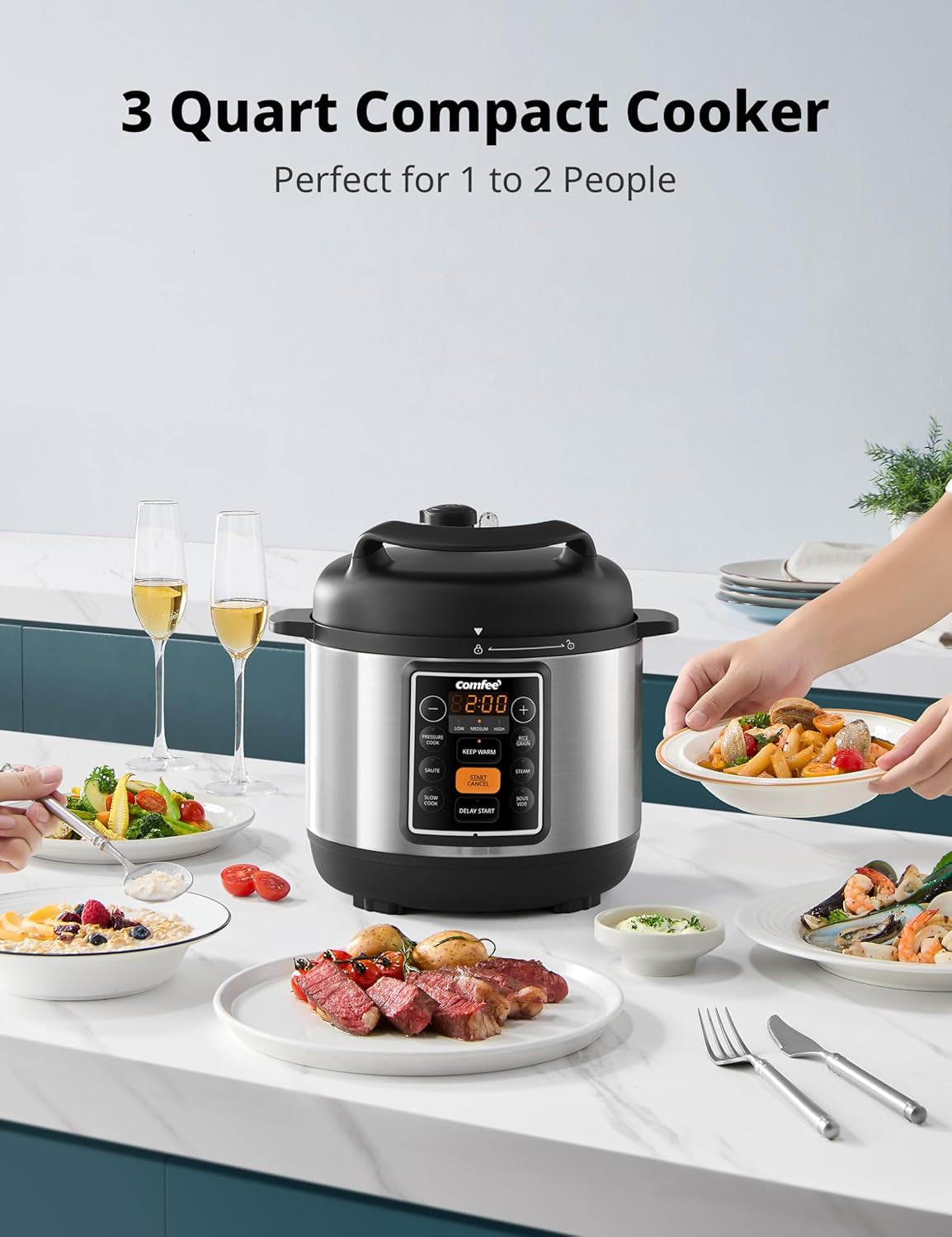 COMFEE’ 7-In-1 Small Electric Pressure Cooker, Slow Cooker, Steamer, Sauté, Sous Vide, Warmer, Multi Cooker with Natural Ceramic Coated Non-Stick Pot, 3 Quarts