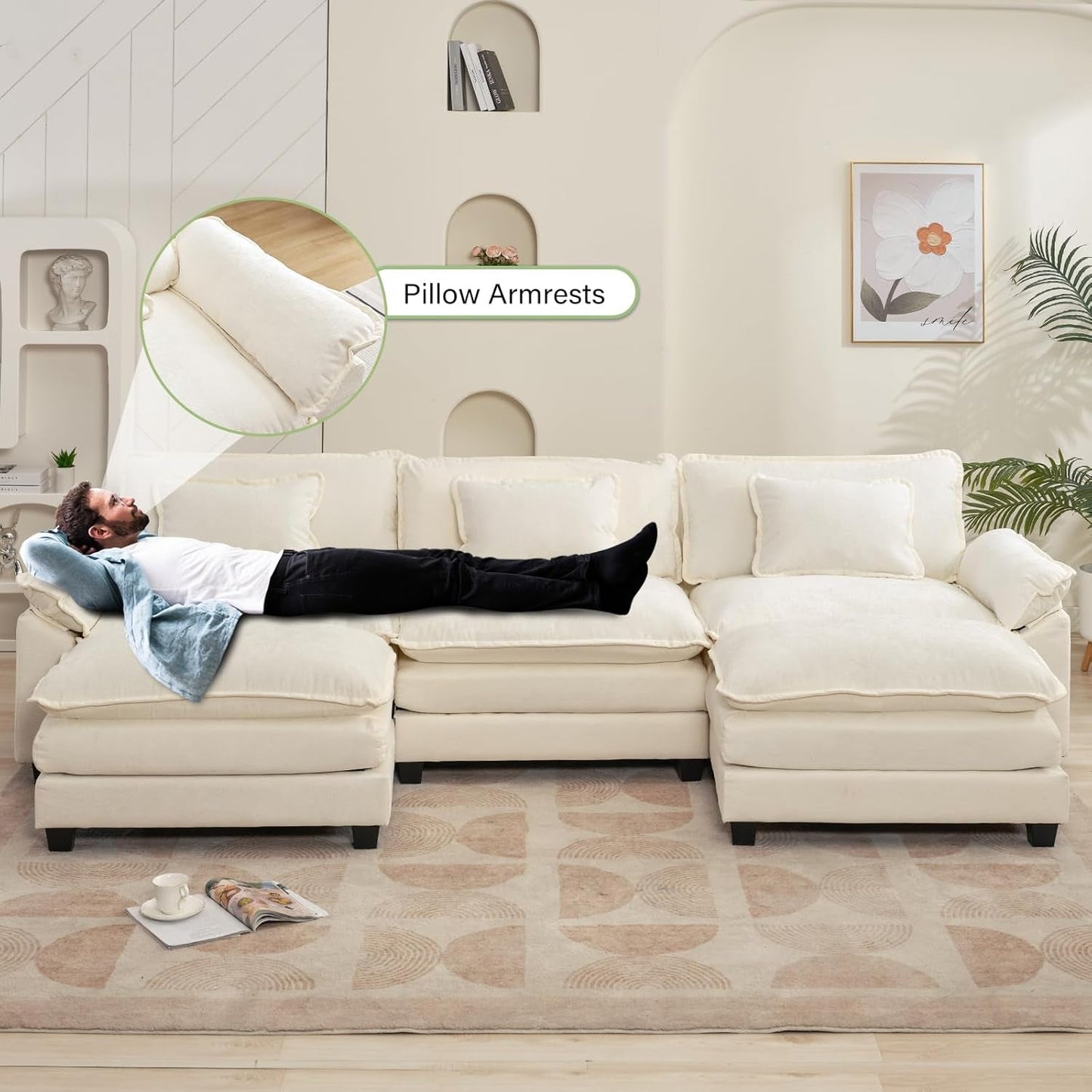 Modular Sectional Sofa, Comfy Cloud Couch Sectional Sofa with Ottoman, Chenille Sofa Sleeper Deep Seat Sofa with Throw Pillows for Living Room (Beige White, 120"- U Shape)