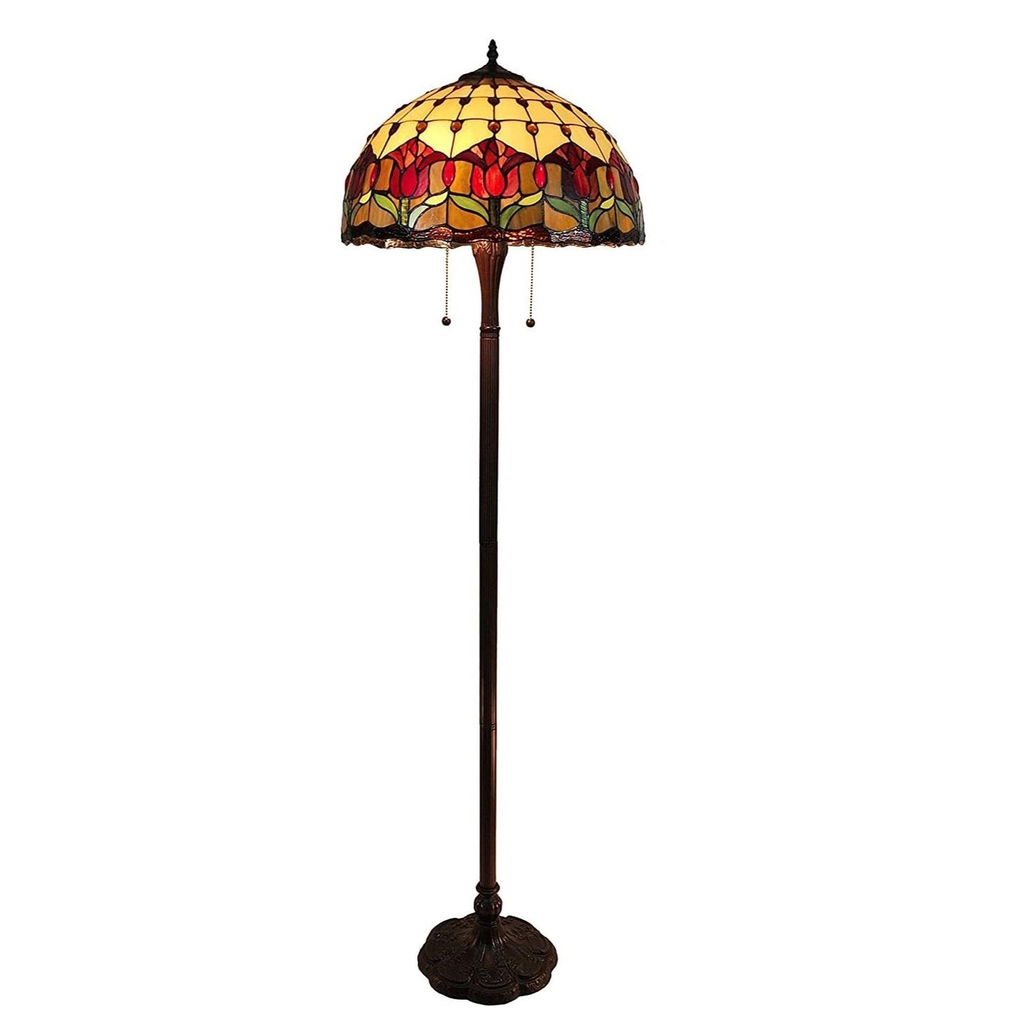 62 Brown Two Light Traditional Shaped Floor Lamp With Red Flowers Stained Glass Dome Shade