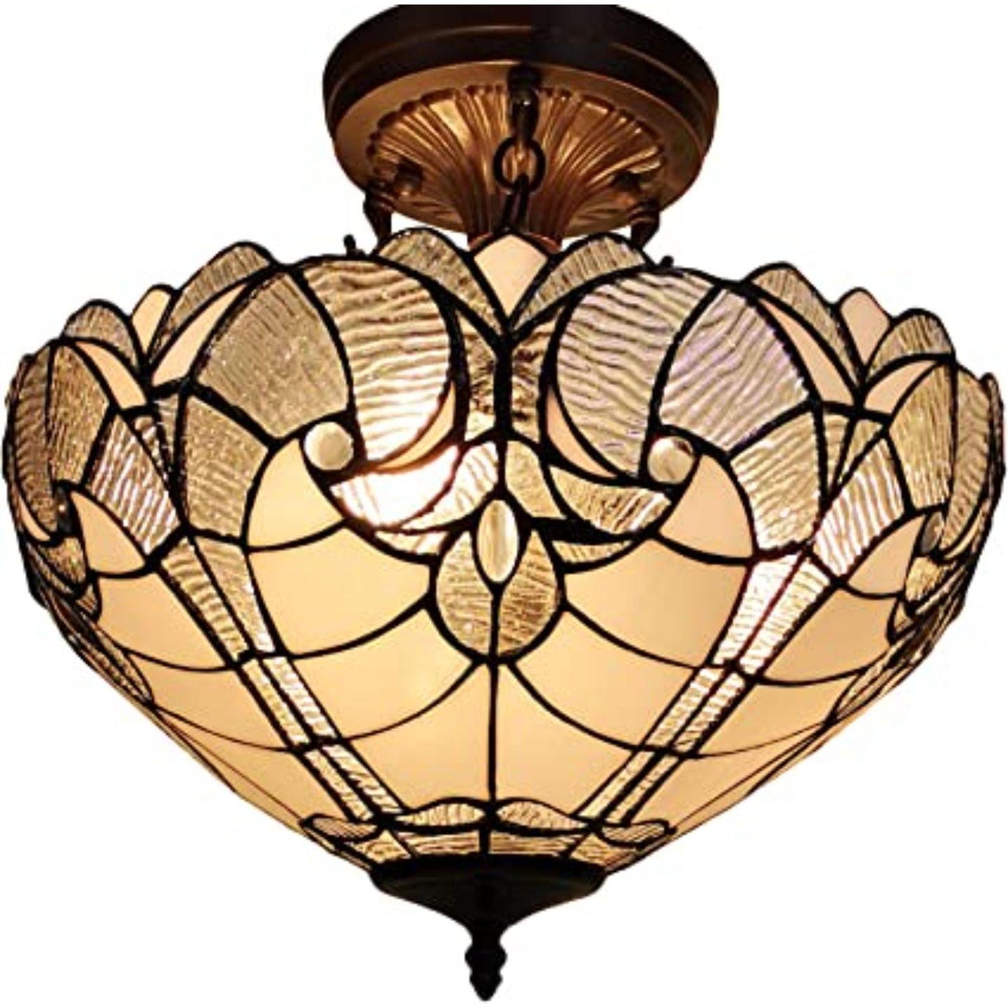 Yellow And Brown Two Light Tiffany Style Semi Flush Dimmable Ceiling Light