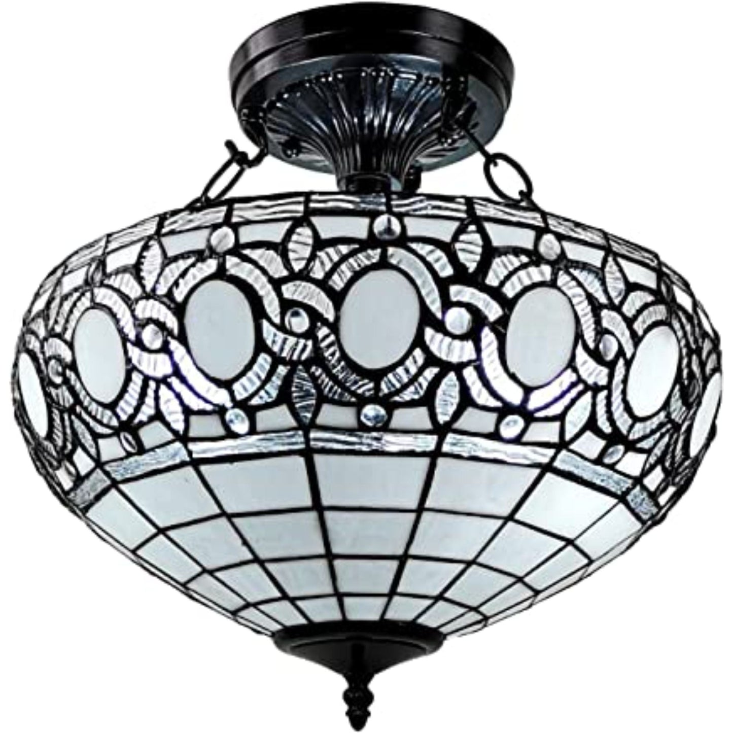 Blue And Black Tiffany Style Two Light Glass Dimmable Semi Flush Ceiling Light