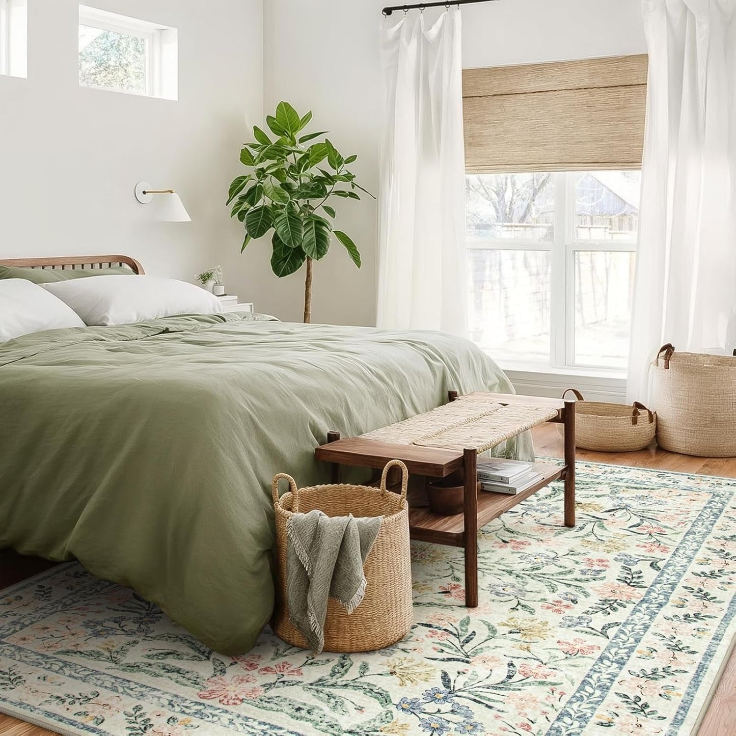 Boho Washable Rug 8X10, Large Area Rug for Living Room, Soft Floral Carpet for Bedroom Non Slip, 8 X 10 Indoor Beige Carpets for Nursery Dining Room Apartment Office Decor