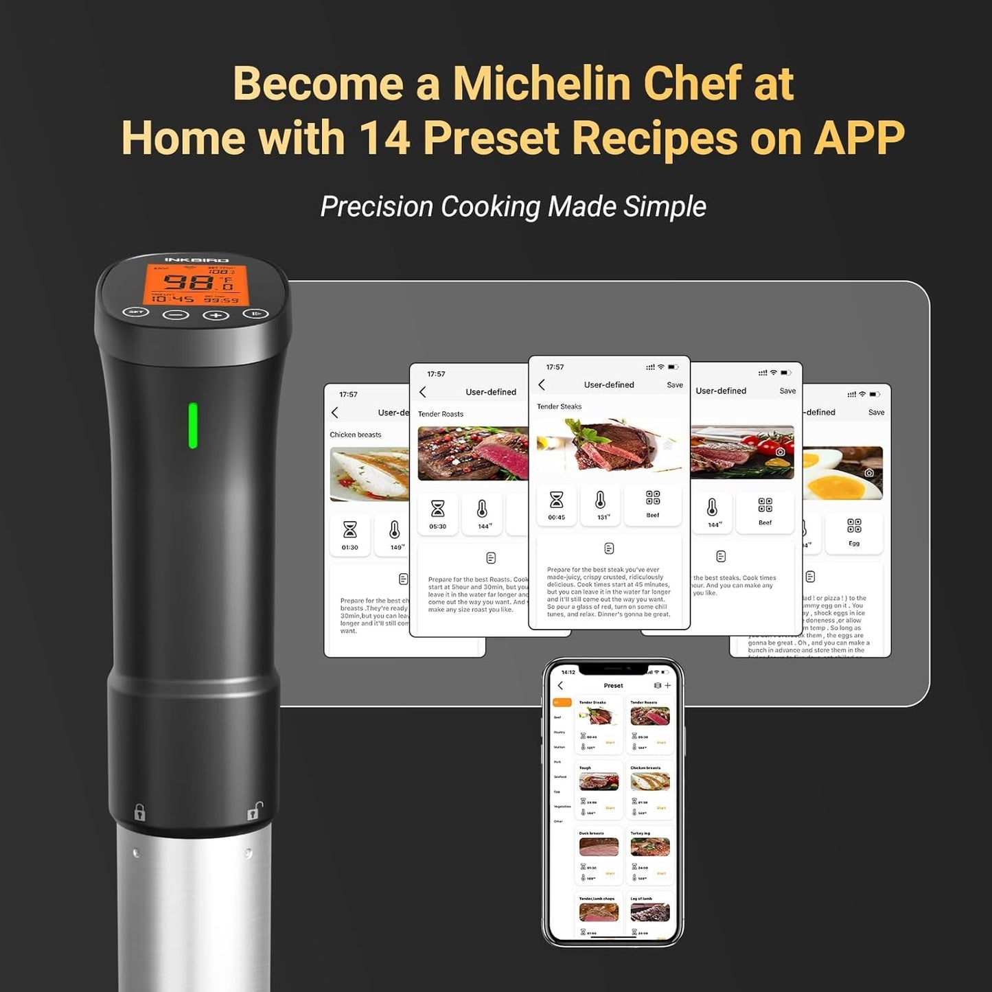 2.4G WIFI Sous Vide Cooker  Sous Vide Machine with APP Control, 1000 Watts Immersion Circulator with APP Recipes Timer Alarm Mobile Notification, 3D Water Fast Heating Ultra-Quiet