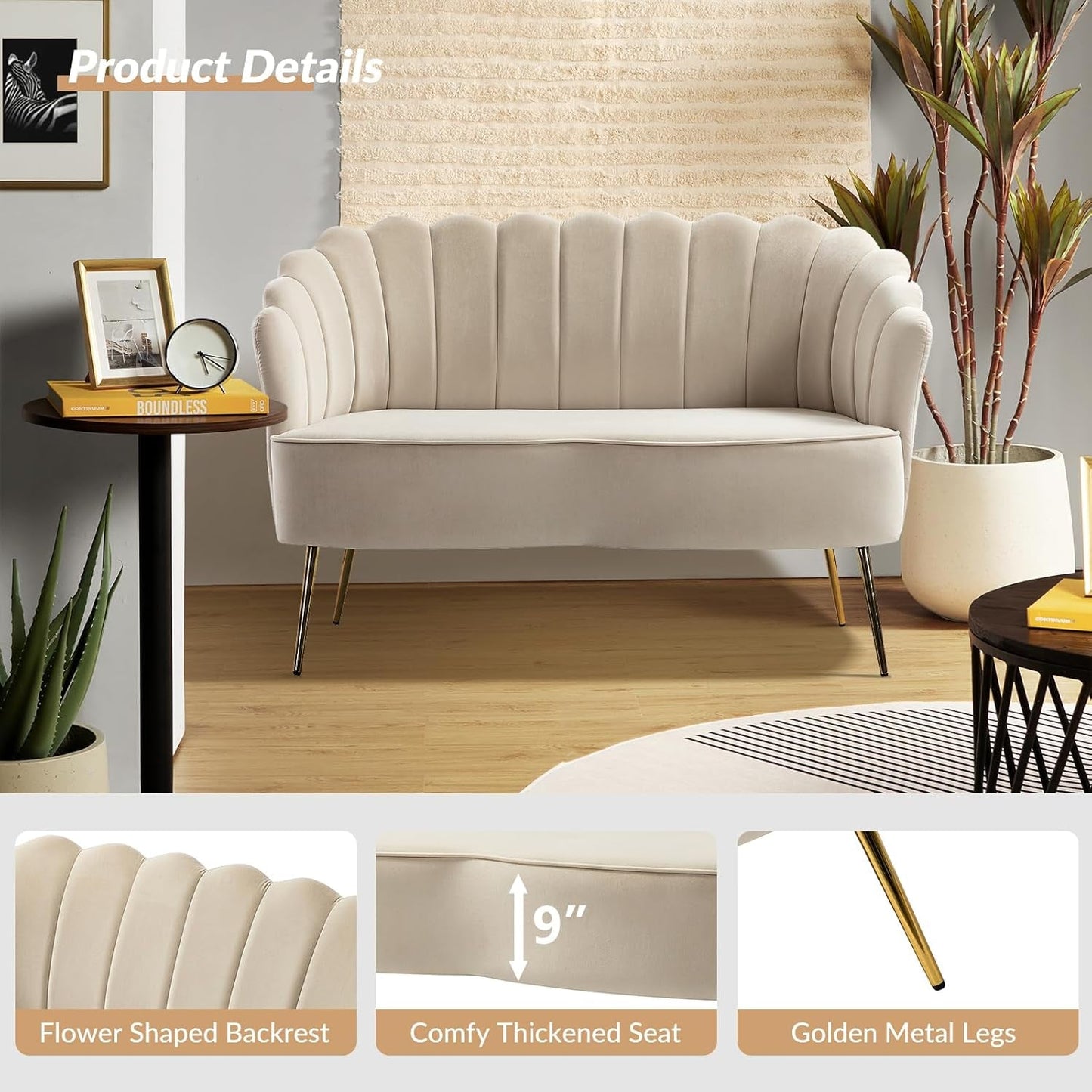 Modern Velvet Loveseat Sofa with Flower Shaped Back, Comfy Upholstered 2-Seater Sofa with Gold Metal Legs, Small Love Seat Accent Couch for Living Bedroom Leisure Areas, Tan