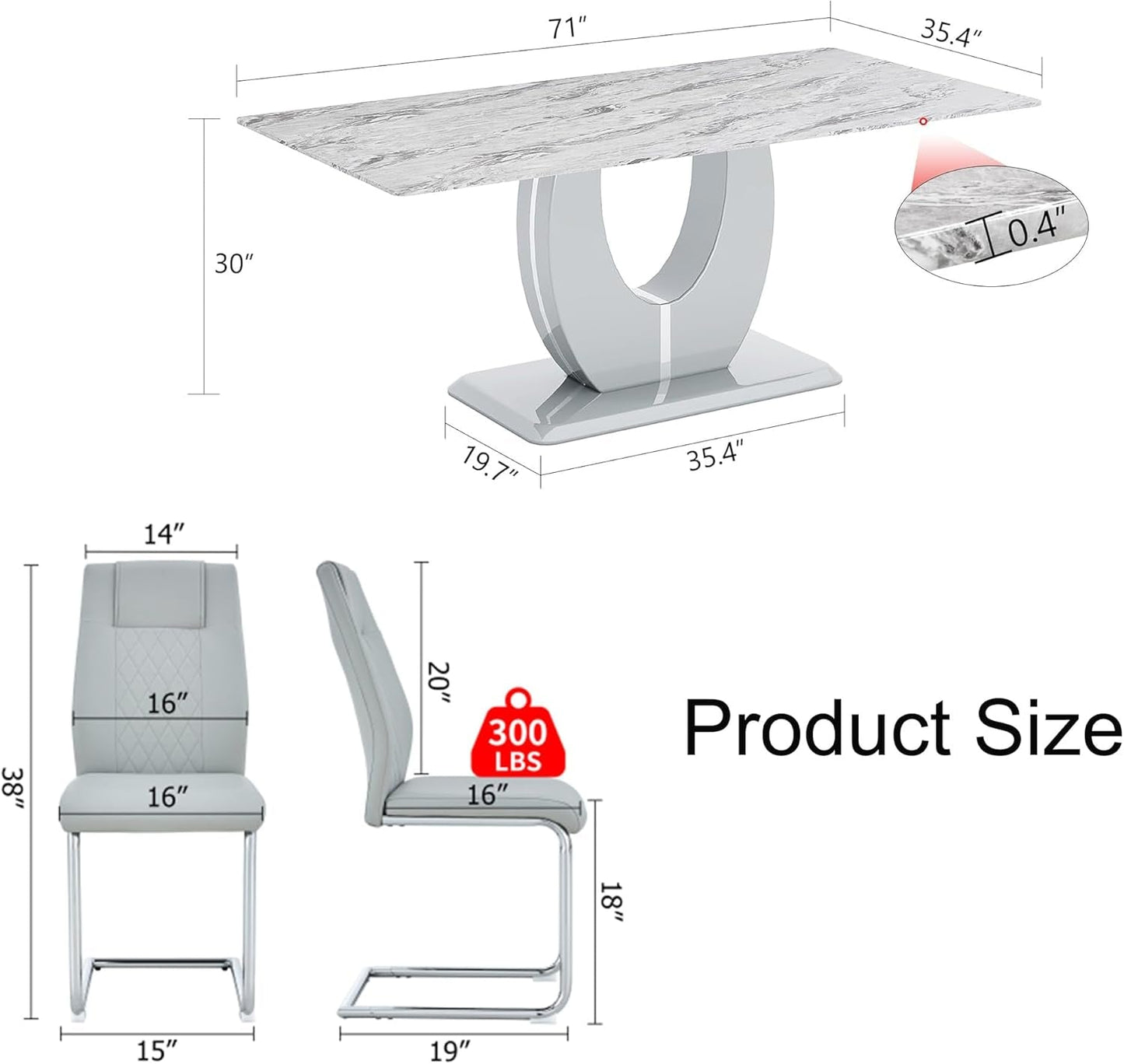 71" Faux Marble Dining Table Set for 6, Modern Grey Dining Room Table Set with Tempered Glass Top and Sturdy Base, Rectangle Kitchen Table and Upholstered Chairs Set for Home