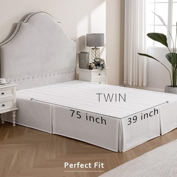 MIYE Pleated Waffle Weave Bed Skirt, Tailored Dust Ruffle 18 Inch Drop Easy Fit, Machine Washable (White, Twin - 18" Drop)