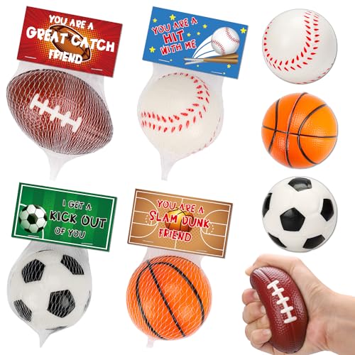 Valentines Day Gifts for Kids, 16 PCS Stress Balls Sports Valentines Day Cards for Kids Foam Bouncy Ball Party Favor for K...