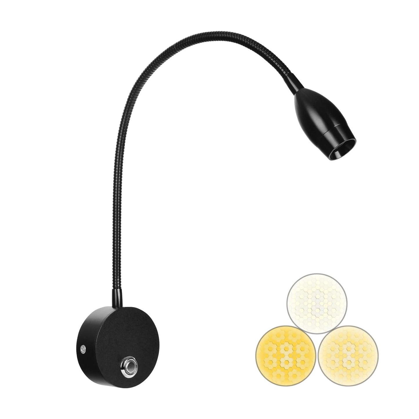 Adust Reading Lights for Books in Bed, Bedside Reading Lamp, RV Boat Reading, DC 5V-240V 3W LED Touch Dimmable Brightness Wall Mount Lamp, Adjustable Colour Temperature, 3000k, 4000k, 6000k(Black)