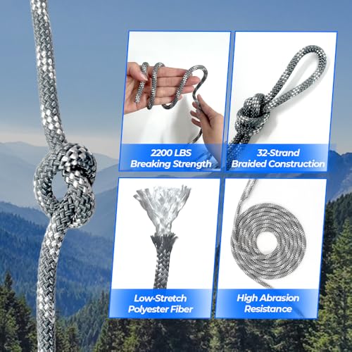 Heavy Duty Polyester Double Braided Rope, Arborist Rigging, Tree Work, Halyard, Sailing, 2200lbs High Strength Support for...