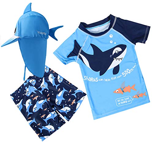 Baby Toddler Boys Two Pieces Swimsuit Set Shark Bathing Suit Rash Guards Swimwear with Hat UPF 50+