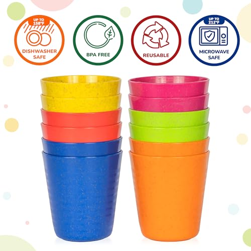PLASKIDY Kids Cups Set of 12 Wheat Straw Toddlers Cups 8 Ounce BPA Free Children Drinking Cup Tumblers - Reusable Dishwasher Safe