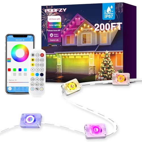 POOFZY Permanent Outdoor Lights for House,200ft RGB+IC Smart Outdoor Decor, 50 Scene Modes,App/Remote Control,for Christma...