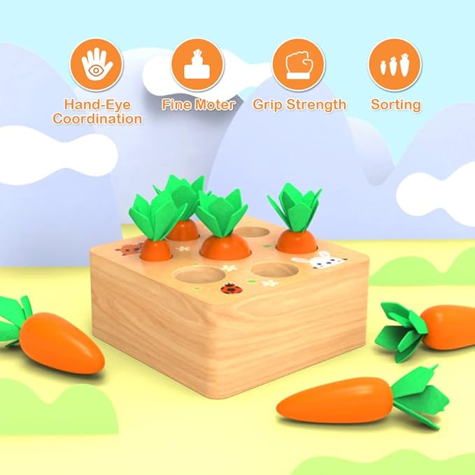 Montessoritoys for 1 Year Old, Wooden Toys Developmental Shape Sorting & Matching Puzzle Carrots Harvest Game, Birthday Gifts for Toddlers Babies Boys and Girls 6-12 Months Christmas