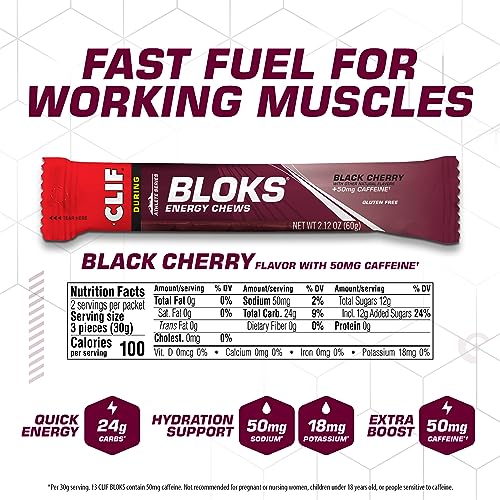 CLIF BLOKS - Black Cherry Flavor with Caffeine - Energy Chews - Non-GMO - Plant Based - Fast Fuel for Cycling and Running...