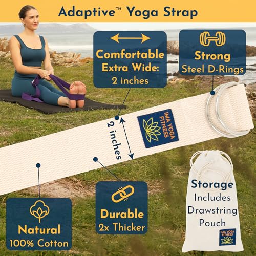 Ima Yoga Fitness - Adaptive Yoga Strap, Stretching Strap, 2 Inches Wide, 100% Naturally Soft Cotton, Steel D-Rings, Includ...