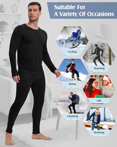 Patelai 5 Sets Men's Thermal Underwear Fleece Base Layer Set Winter Base Layer Cold Weather Top Bottom