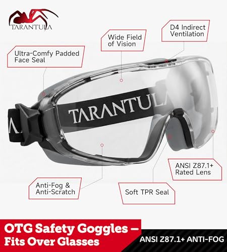 Tarantula ANSI Z87.1+ Safety Goggles Over Glasses, Anti-Fog & Anti-Scratch, Adjustable Strap, Lab Eye Protection, Woodworking