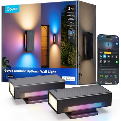 Govee Outdoor UpDown Wall Light, 2 Pack, 1200LM RGBICWW Smart Porch Lights Outdoor with 64 Scene Modes, IP66 Waterproof Wa...