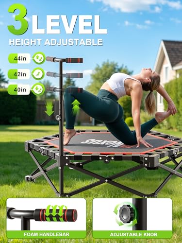 FitNexus 42" Foldable Mini Trampoline- 450lb Capacity Fitness Rebounder w/3-Level Adjustable T-Bar, Adults Workout Trampol...