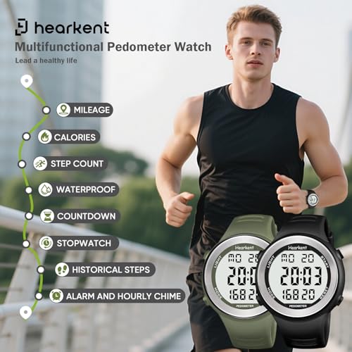 Hearkent Waterproof Pedometer Watch No APP with Light, Digital Display Step Counter Watch for Calories Seconds Alarm Step...