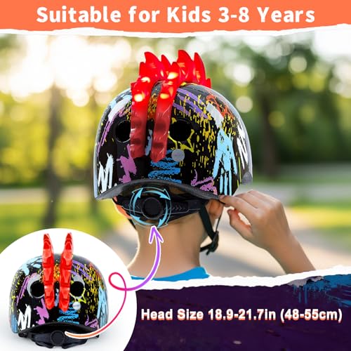 Toddler Bike Helmet with LED Lights, Kids Helmet for Boys 3-8 Years, Adjustable Kids Bike Helmets Toddler Helmets for Bicy...