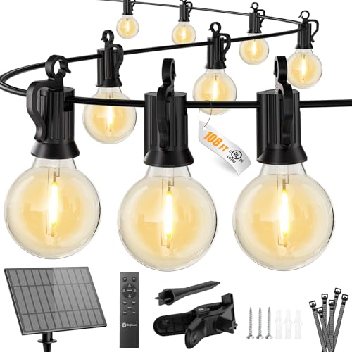 Brightown 108FT 52 LED Solar String Lights Outdoor with Remote & USB Port, Shatterproof Bulbs, Dimmable & Timable, 3 Light...