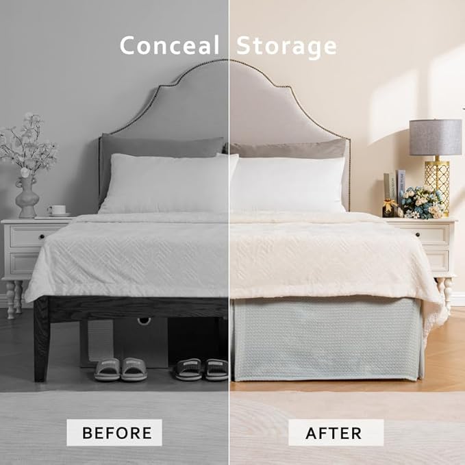 MIYE Pleated Waffle Weave Bed Skirt, Tailored Dust Ruffle 16 Inch Drop Easy Fit, Machine Washable (Light Grey, Queen - 16" Drop)