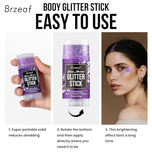 Brzeaf Purple Glitter Stick for Makeup, Not Greasy & Shimmery & Long Lasting, Chunky Glitter for Face/Body/Hair/Eyes, Sing...