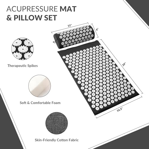 Fitvids Acupressure Mat and Pillow Set for Back/Neck Pain, Acupuncture Products to Relieve Muscle Fatigue, Improve Insomni...