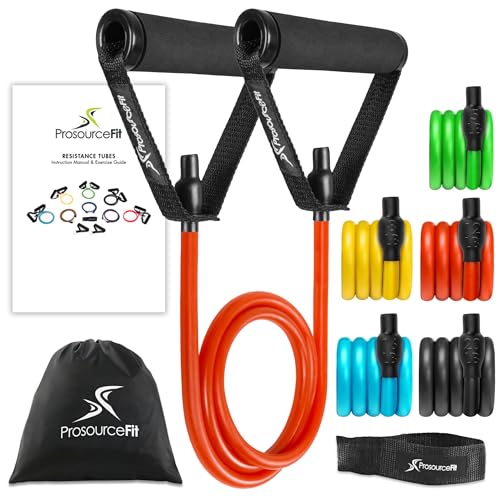 ProsourceFit Single Stackable Resistance Bands with Door Anchor and Exercise Guide, 8-12 LB, Heavy Duty Fitness Tube for F...