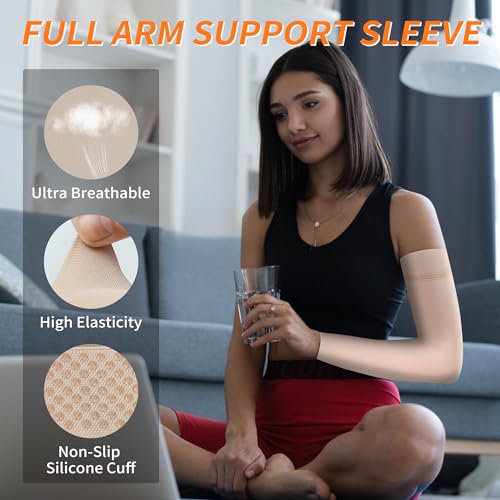 Hiball Lymphedema Medical Compression Arm Sleeve for Men Women, 20-30 mmHg Graduated Compression Full Arm Support with Sil...