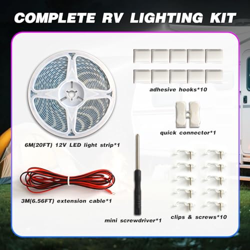 Yiswhis Rv Awning Light 12V 20Ft Camper Awning Lighting Waterproof Led Strip Exterior Underglow Lighting For Rv Motorhome Travel Trailer Food Truck Outdoor Party (White  20Ft)