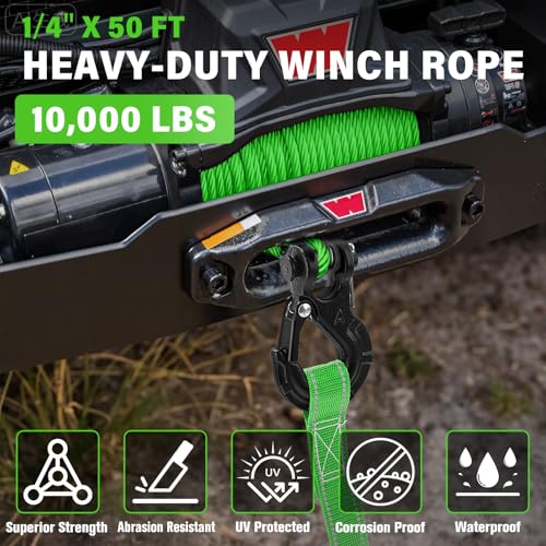 HOKINETY Synthetic Winch Rope Kit - 1/4" x 50' 10000 lbs Kinetic Recovery Cable for ATV UTV Off-Road Vehicles with Forged ...