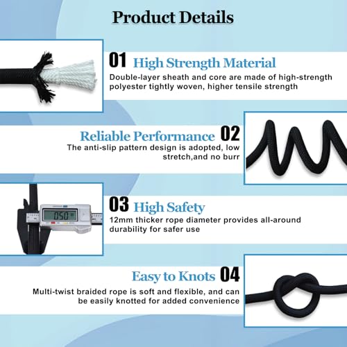 CRAYZA Double Braided Polyester Rope (1/2 in x 100 ft) Strong Arborist Rigging Rope 48 Strands for Tree Work Climbing Pull...