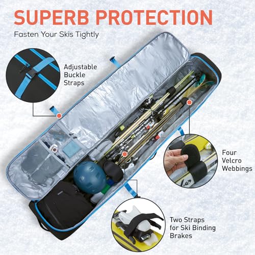TOURIT Rolling Ski Bag and Ski Boot Bag Combo, Padded Snowboard Bag with Wheels for Air Travel, Holds 2 Pairs of Skis (195cm)