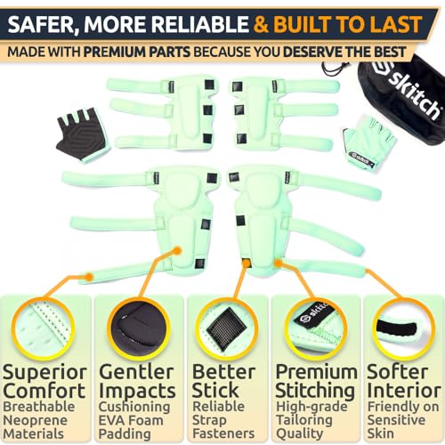 SKITCH Skateboard Protective Safety Gear Set for Kids and Teens | Premium Lycra Sport Knee Pads + Elbow Pads + Wrist Guard...