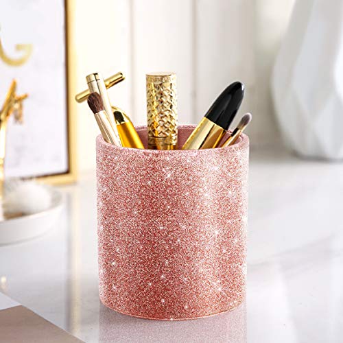 WAVEYU Pen Holder for Desk, Pencil Cup Pink Glitter Bling for Women Girls, Luxury Makeup Brush Holder Large Pu Leather Mul...