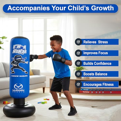 Marwan Sports 5-in-1 Inflatable Punching Bag for Kids – 63" Karate Toy Set with Boxing Gloves, Durable Fast Rebound, Activ...