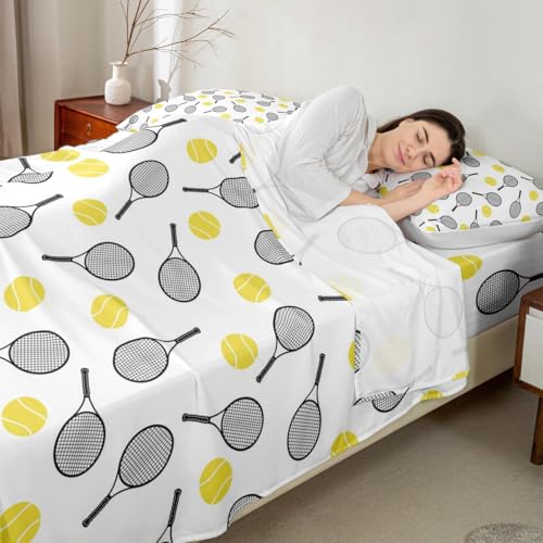 Erosebridal Tennis Racket Queen Sheet Sets 4pcs, Kids Ball Games Microfiber Bed Sheets Set for Boys Girls Tennis Lover, Si...