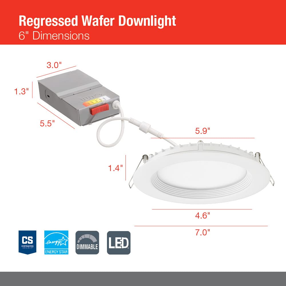 Juno LED Recessed Lights 6 Inch Round Wafer Downlight, 5-in-1 Switchable White Color Temperature, 120 Volts, 6-Inch Regressed Trim, Matte White, 6-Pack (WF6 REG SWW5 90CRI CP6 MW M2)