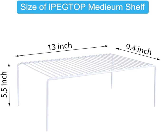 iPEGTOP Set of 4 Kitchen Cabinet Shelf Organizer, Medium (13 x 9.4 Inch) Bathroom Cabinet Organization Wire Shelf Rack, Rustproof Storage Space Saver Shelves for Countertops Pantries Utensils -White